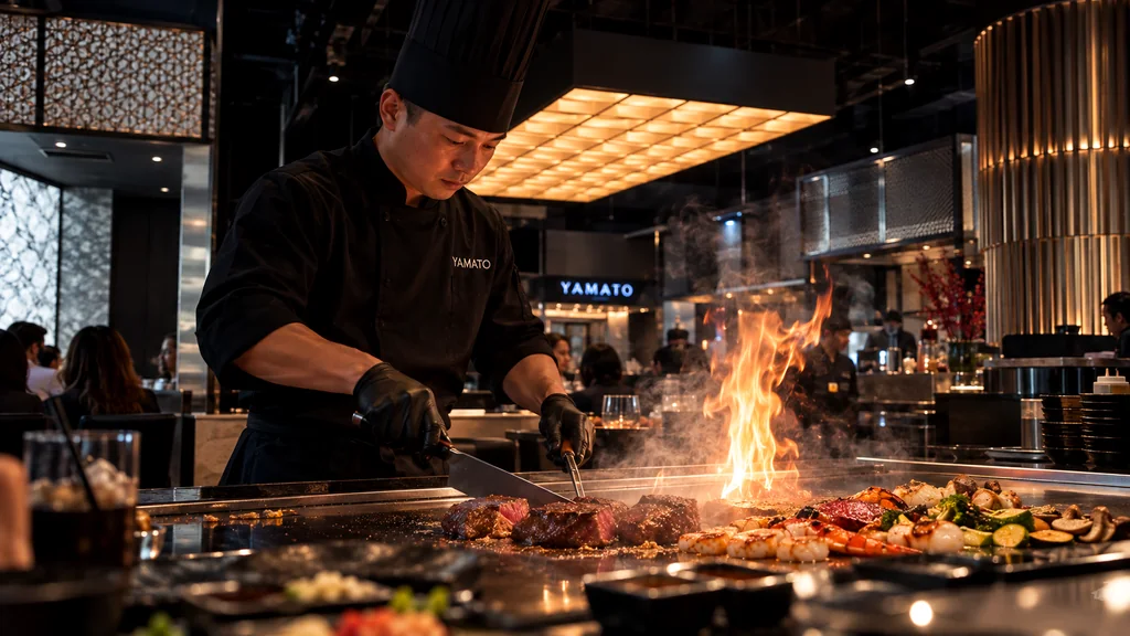 Hibachi chef cooking steak, seafood, and vegetables beside a live teppanyaki flame