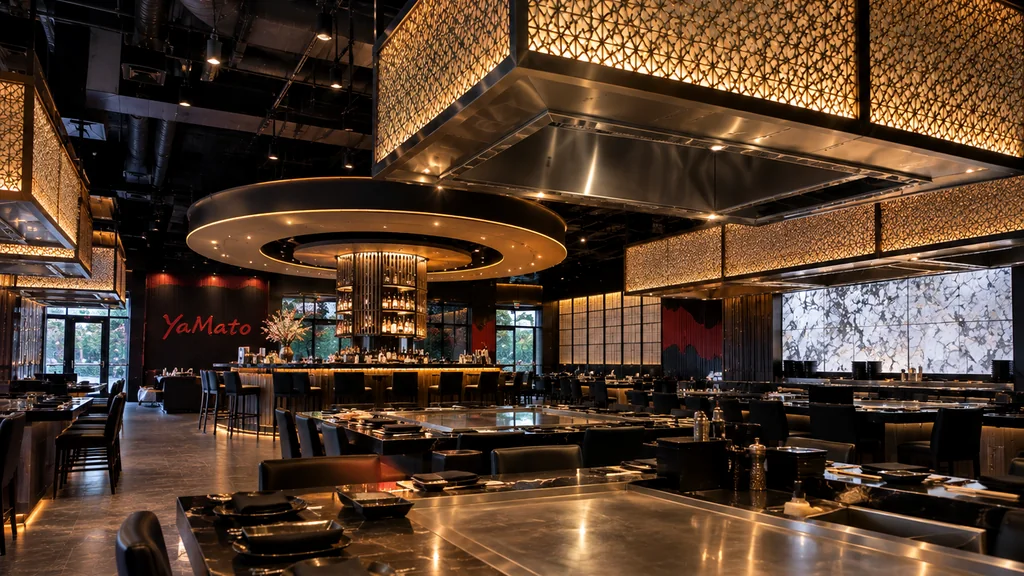 Warmly lit Yamato dining room with teppanyaki tables, patterned screens, and a central bar