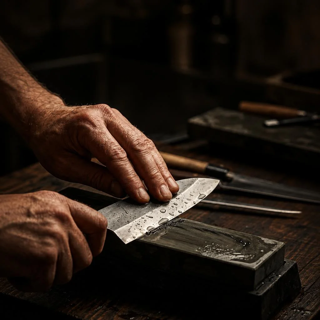 Chef sharpening a Japanese knife on a whetstone at a wooden workbench