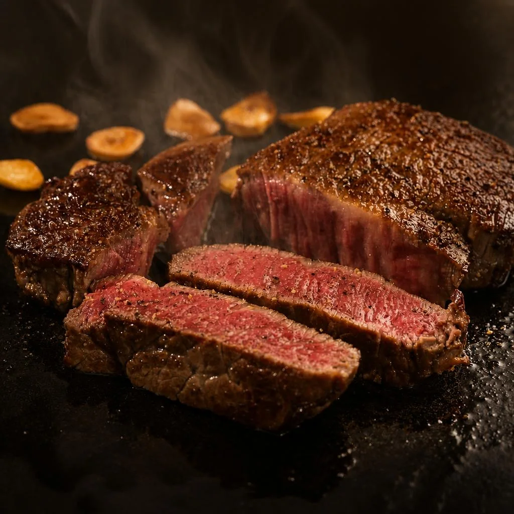 Sliced and seared steak resting on a dark teppanyaki grill with steam rising