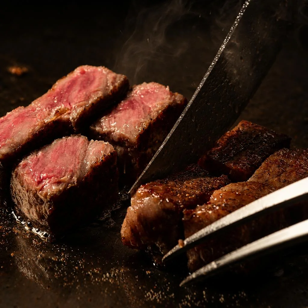 Seared steak slices beside a chef knife and tongs on a hot teppanyaki grill