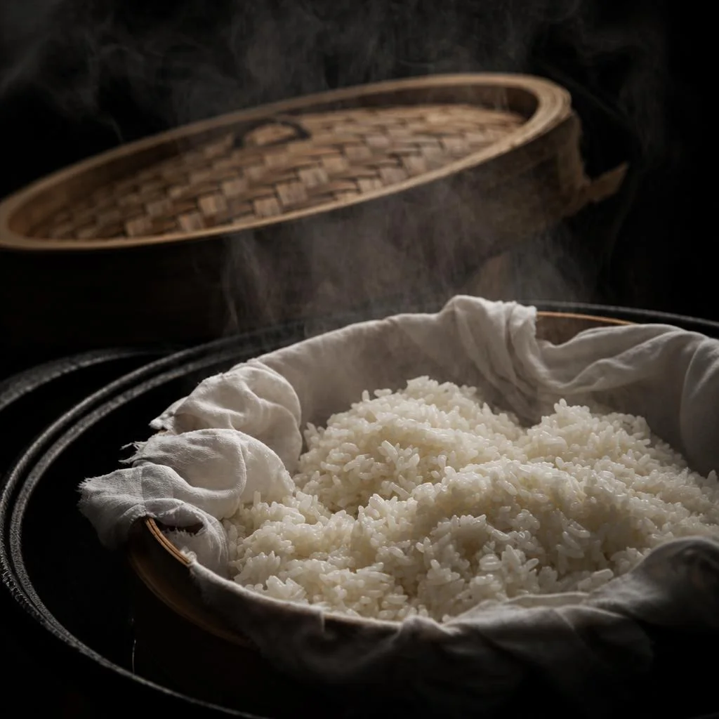 Steaming white rice in a cloth-lined wooden basket beside a bamboo steamer
