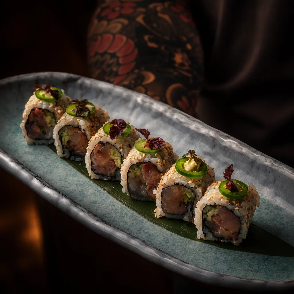 Sushi roll topped with jalapeno, sesame, and delicate edible flowers on a ceramic plate