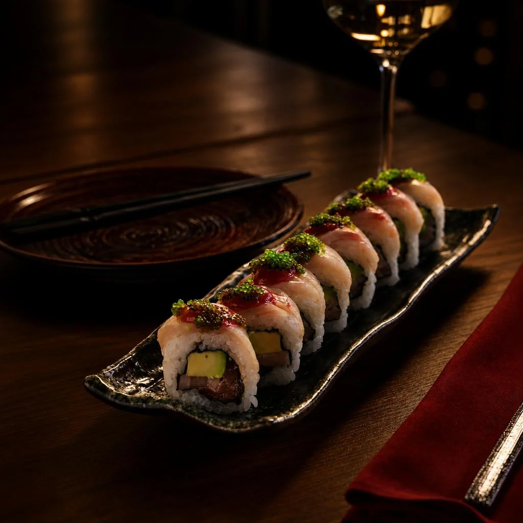 Sushi roll served on a dark plate beside chopsticks and a wine glass in a warm dining setting