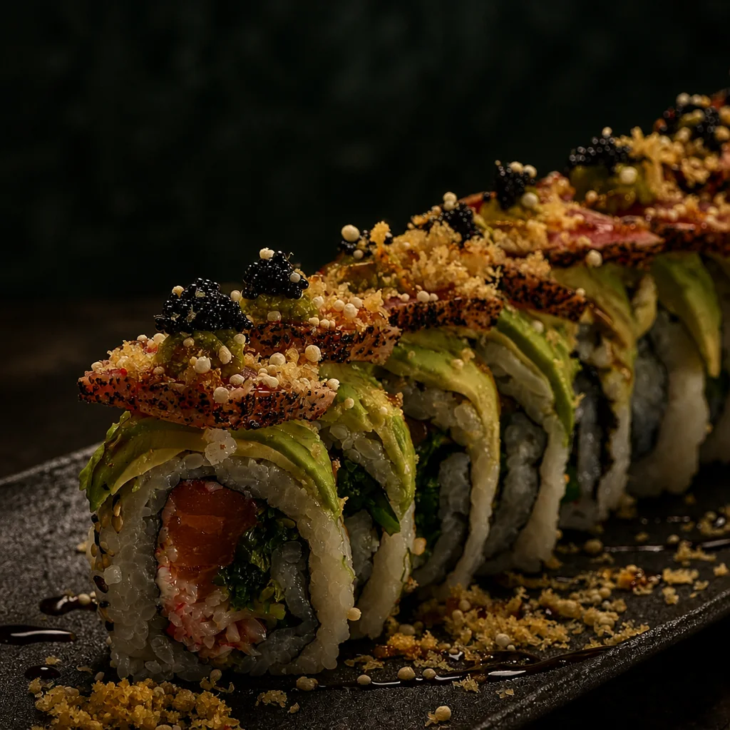 Sushi roll topped with avocado, tobiko, and crispy garnish on a dark ceramic plate