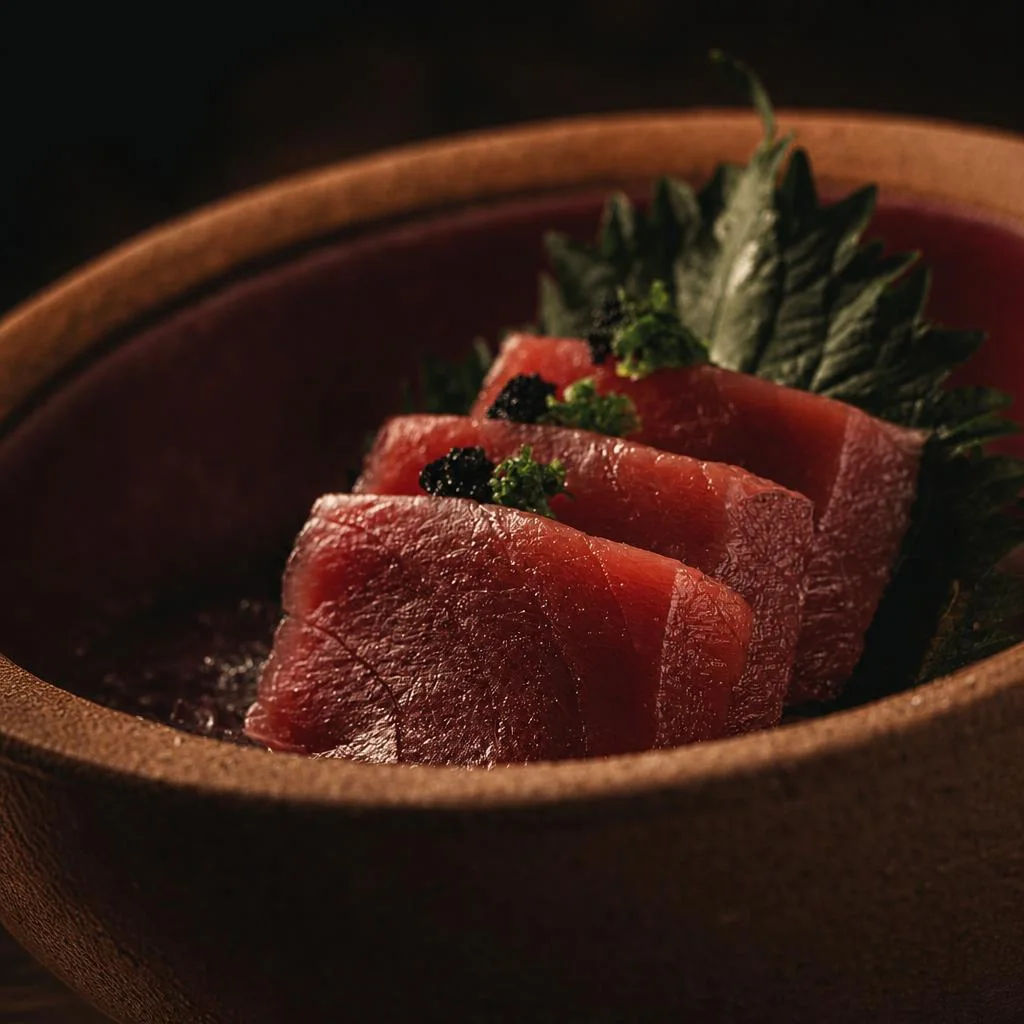 Tuna sashimi with shiso, green garnish, and black roe in a deep ceramic bowl