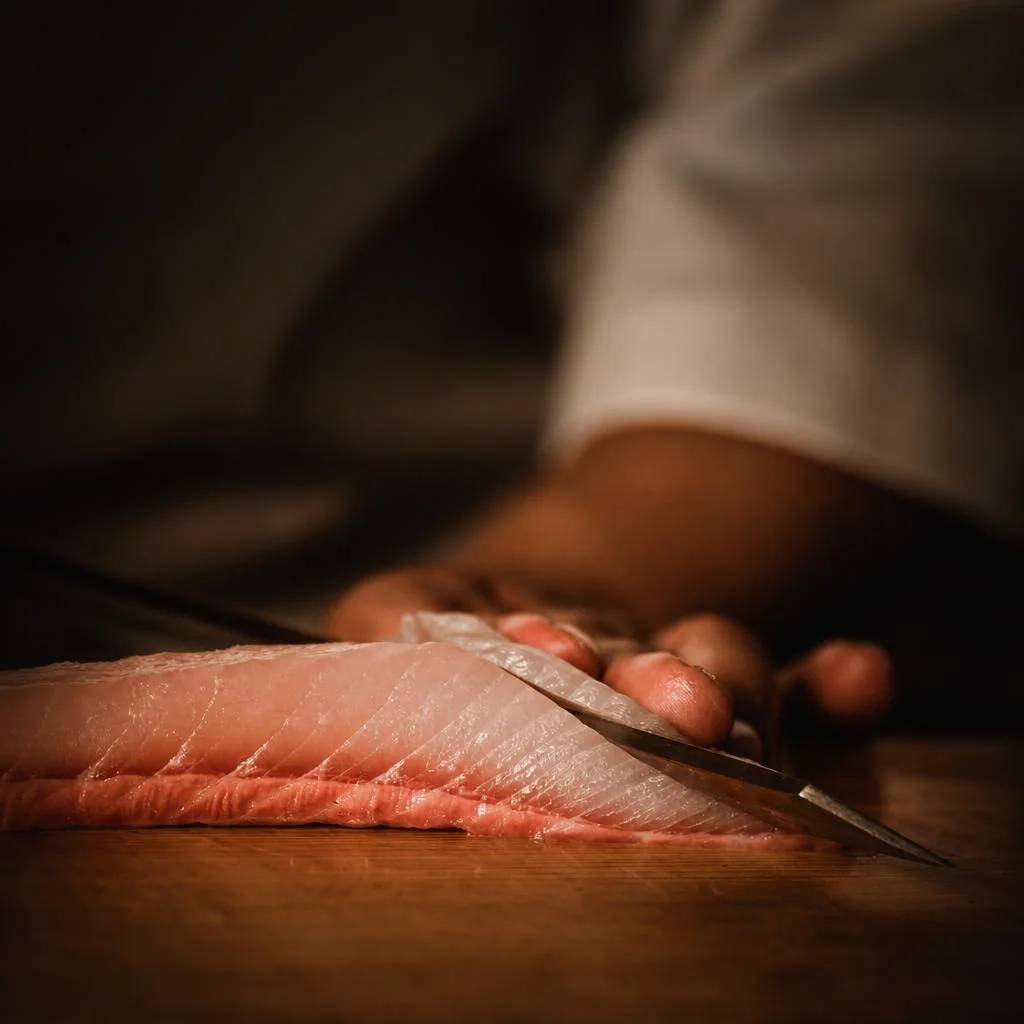 Chef slicing a tuna fillet with a long Japanese sushi knife